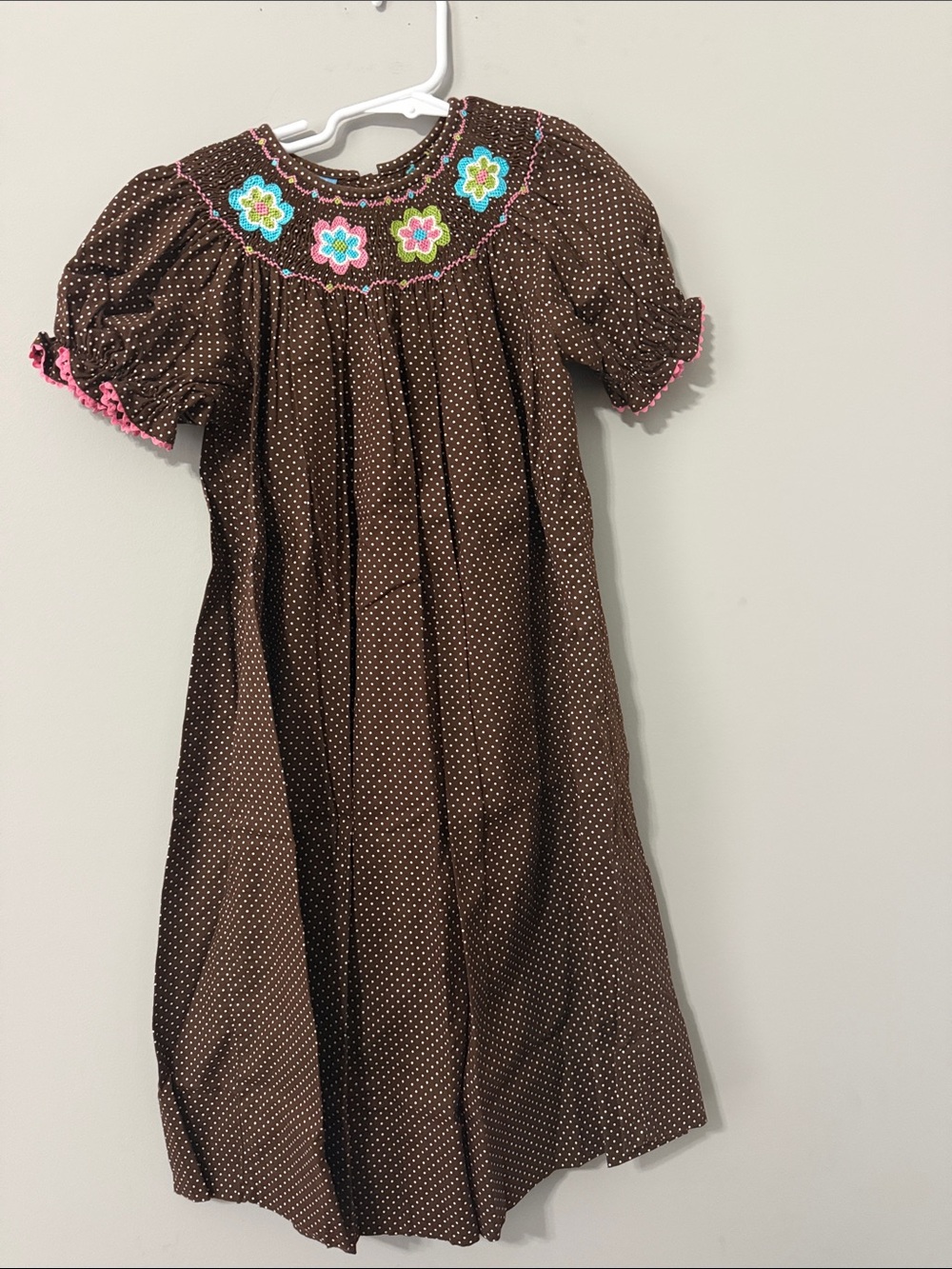 Anavini Brown Polka Dot Smocked Kids Dress with Floral Yoke-Size 6